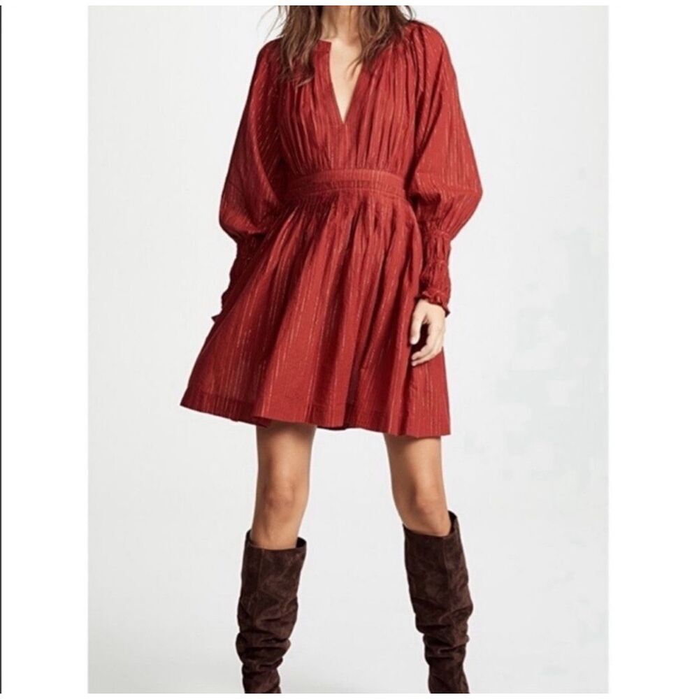 Ulla Johnson Rory Metallic Cotton Long Sleeve Mini‎ Dress Ruby Red Size 4